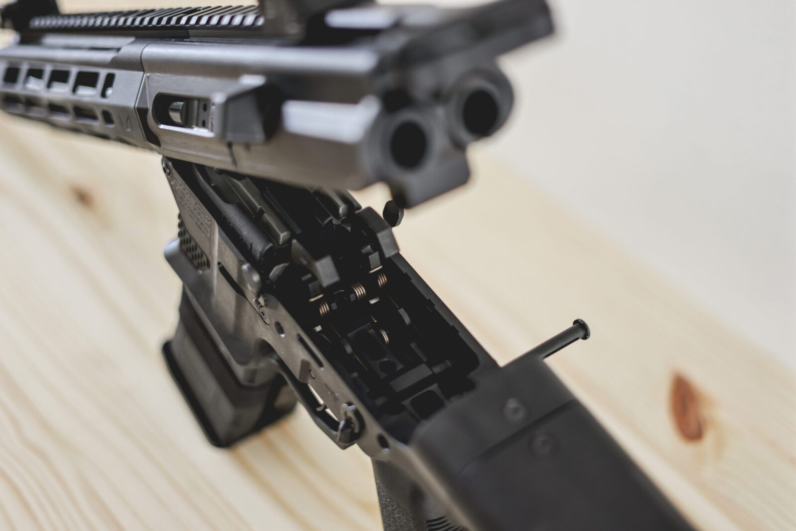 Firing components of the double barrel AR15 rifle.